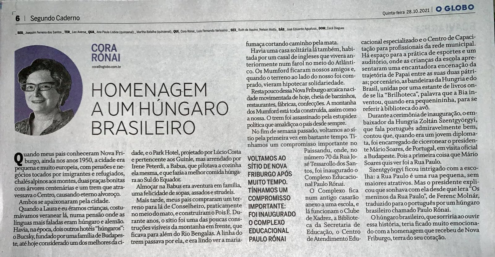Complexo Educacional Paulo Rónai é inaugurado e Nova Friburgo ganha crônica  de Cora Rónai com gratidão e afeto – David Massena