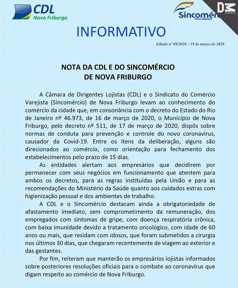 CDL e Sincomércio de Nova Friburgo emitem informe aos empresários